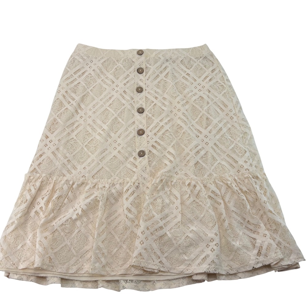 Cato Women Ivory Floral Lace Ruffle Midi Skirt Size L Button Front Boho